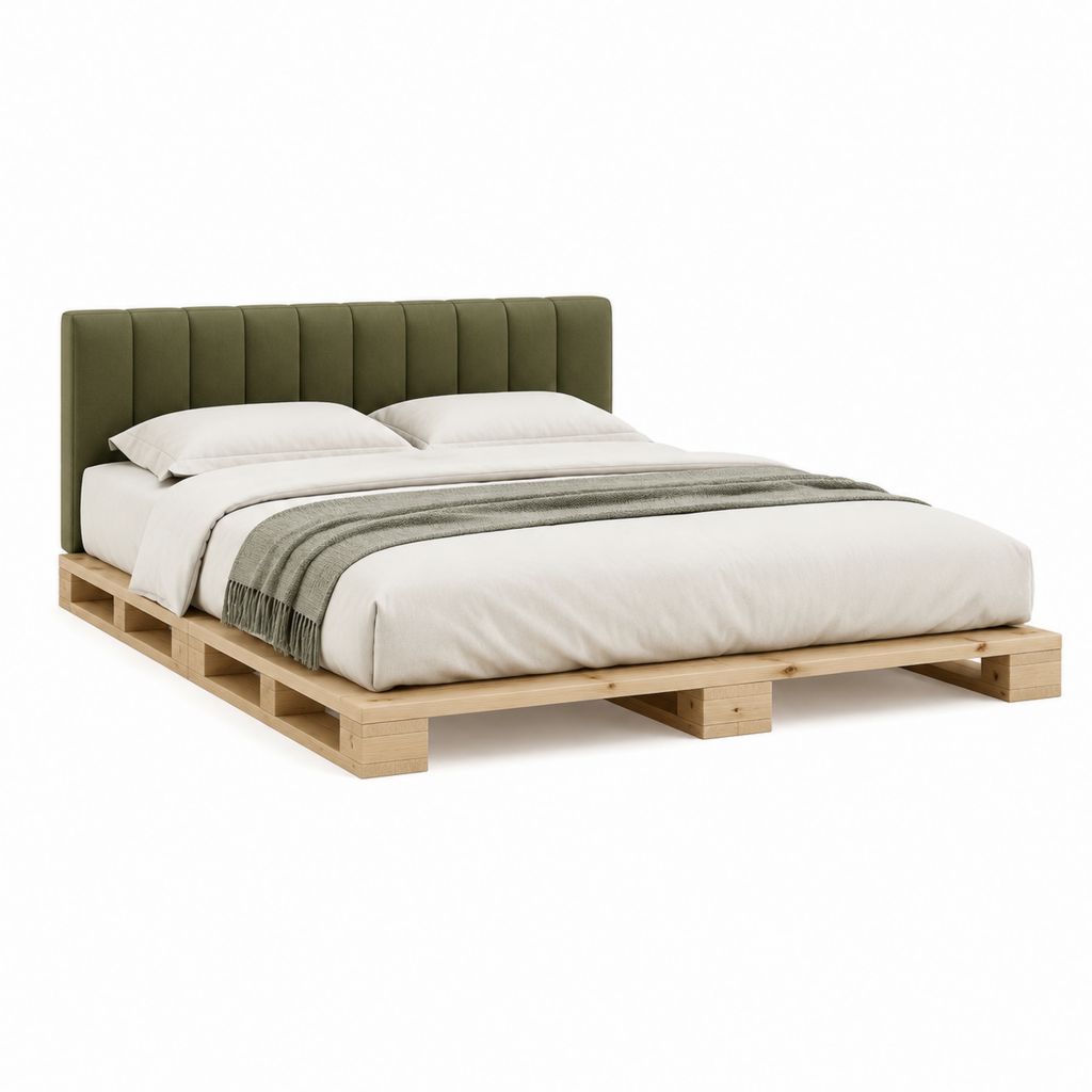 Lit double avec tête de lit capitonnée vert olive en pin massif 160 x 200 cm