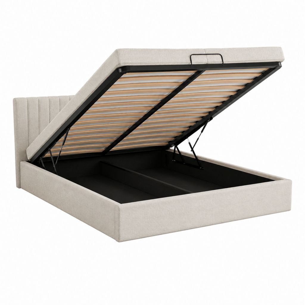 Lit coffre relevable 160 x 200 cm beige en polyester avec sommier à lattes