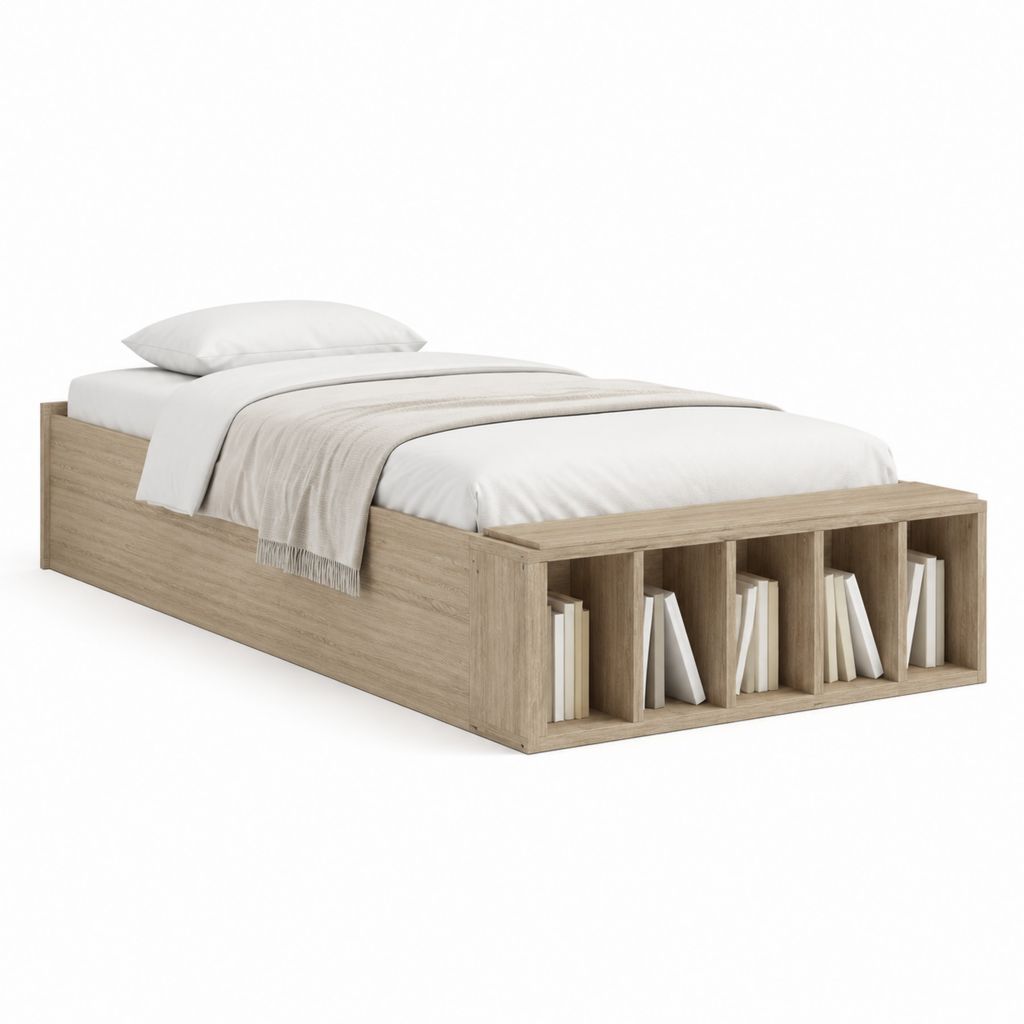 Cadre de lit double avec rangement chêne clair en panneaux de particules mélaminés 140 x 190 cm