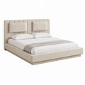 Lit double 160 x 200 cm beige en polyester avec tête de lit capitonnée