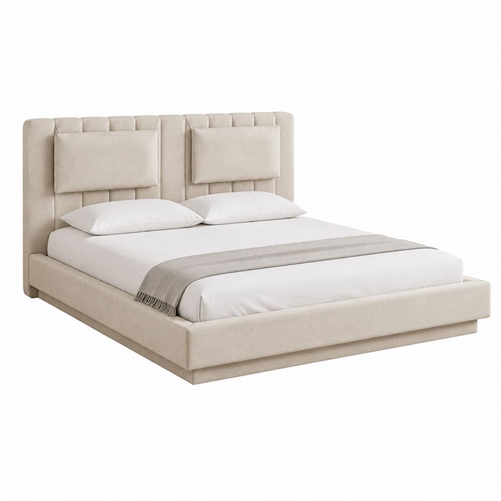 Lit double 160 x 200 cm beige en polyester avec tête de lit capitonnée