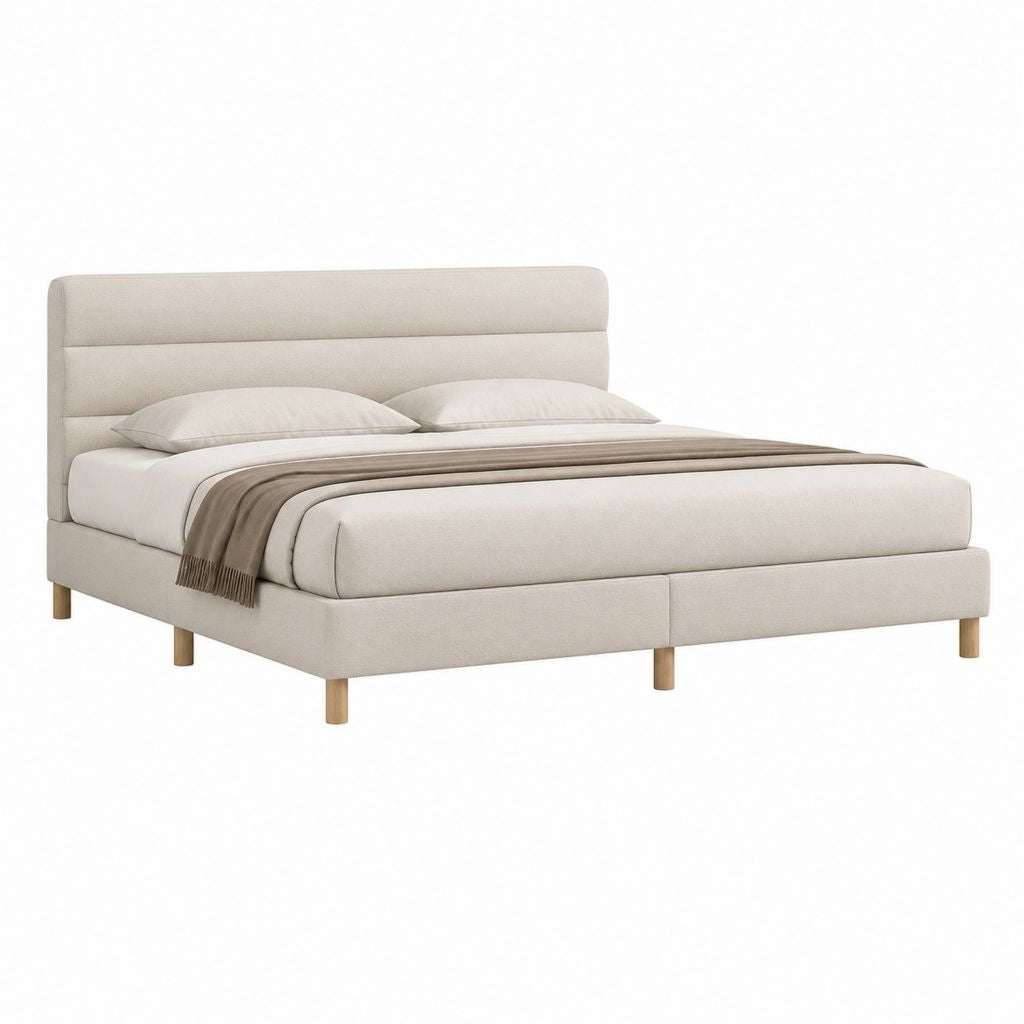 Lit double 160 x 200 cm beige en polyester avec cadre rectangulaire et tête de lit capitonnée