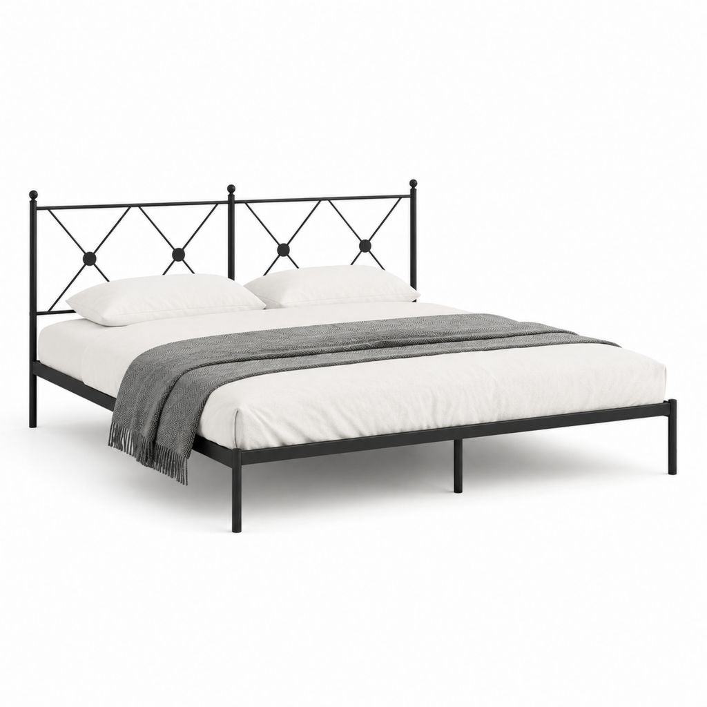 Cadre de lit double 140 x 190 cm noir en acier avec tête de lit ajourée