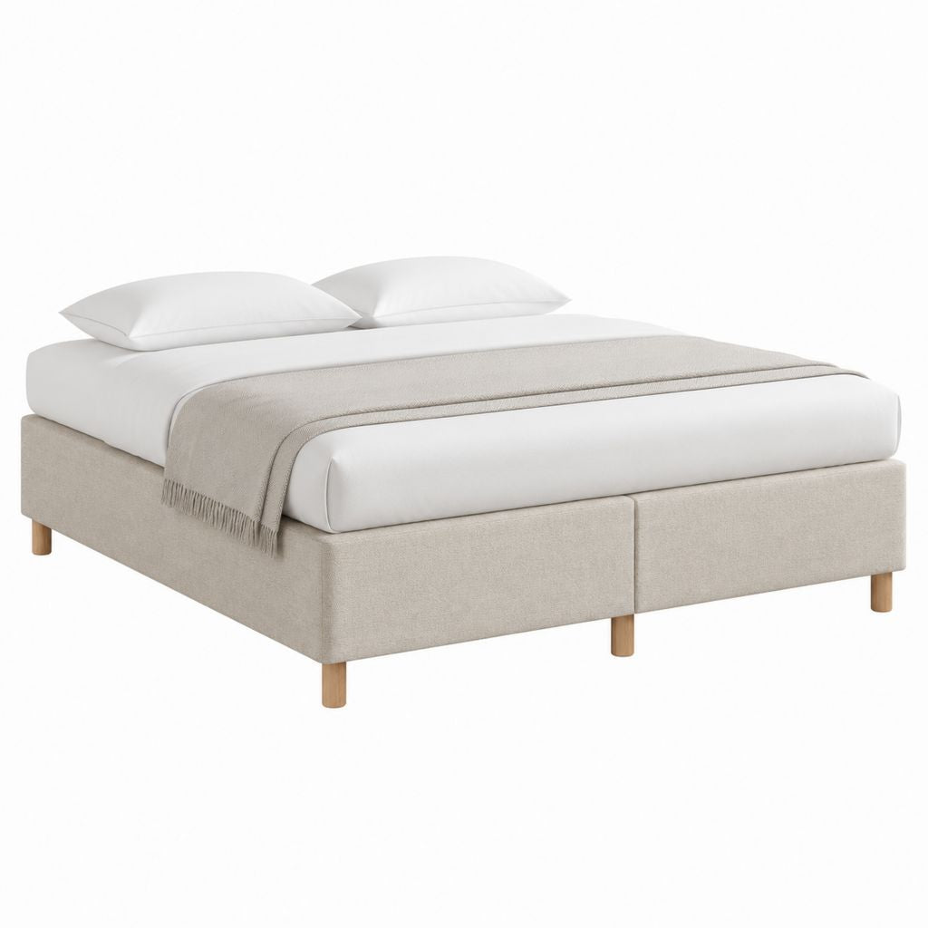 Cadre de lit double beige en polyester 160 x 200 cm avec pieds en bois massif