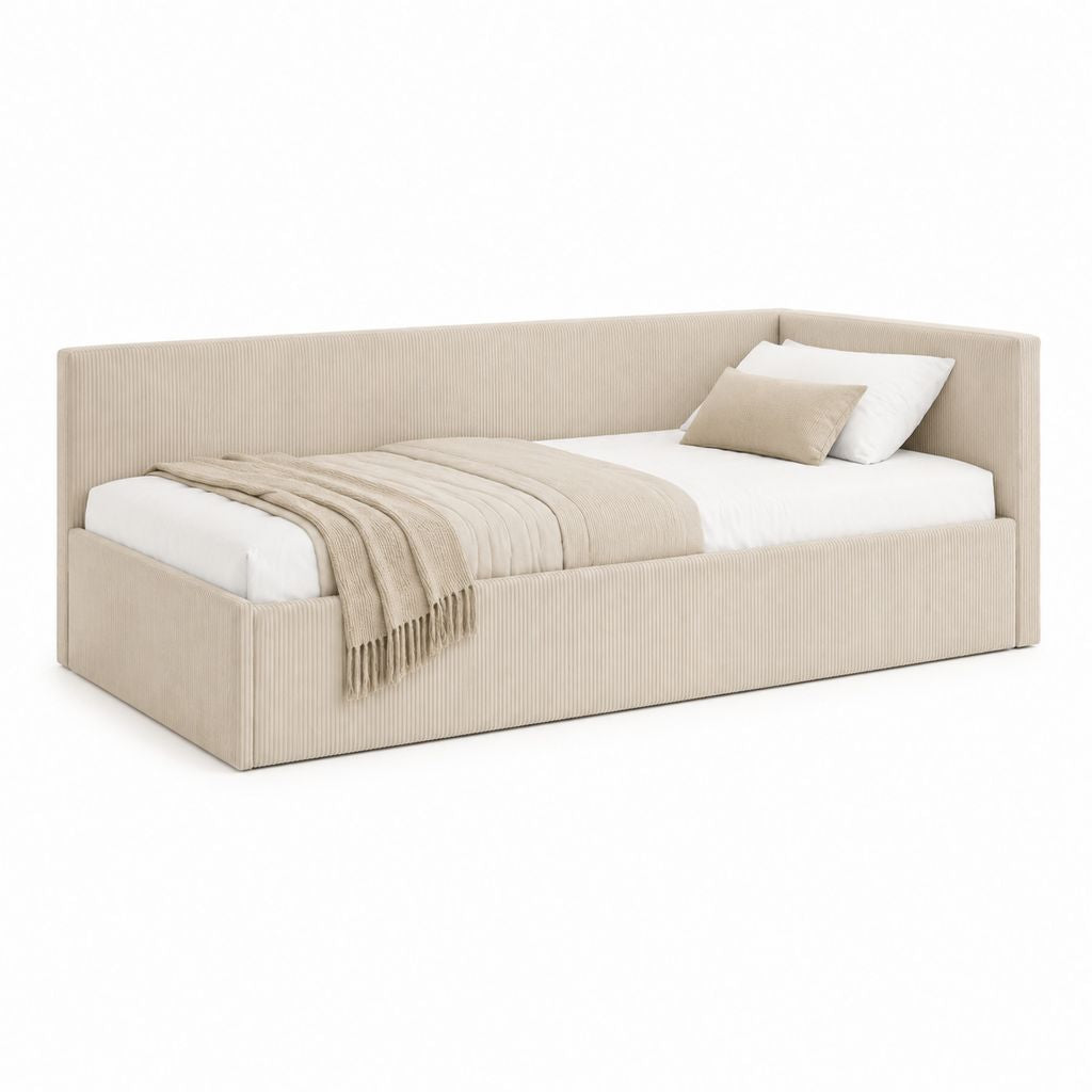 Lit banquette 90 x 200 cm beige en velours côtelé polyester avec cadre capitonné