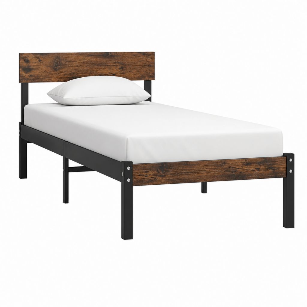 Cadre de lit simple 90 x 190 cm noir et marron en acier et panneaux MDF