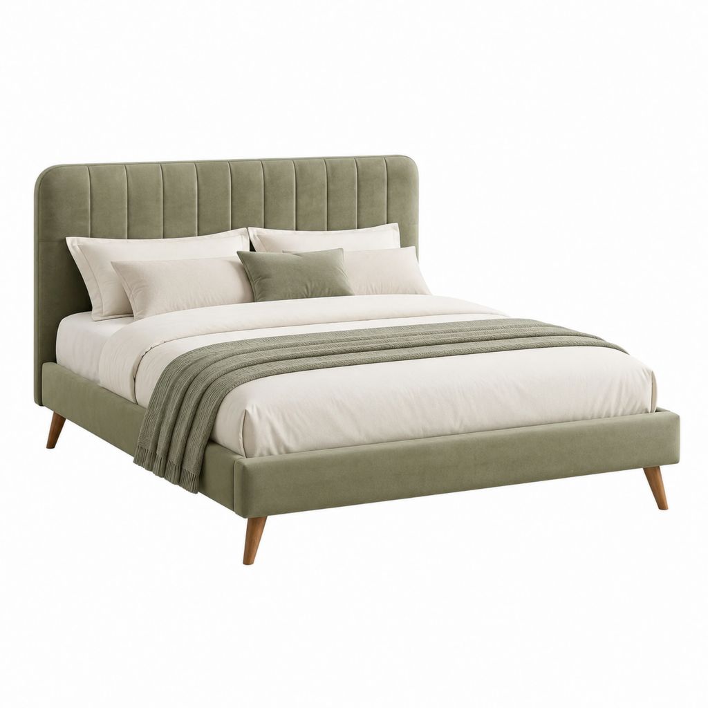 Lit double 160 x 200 cm vert olive en velours polyester avec tête de lit capitonnée