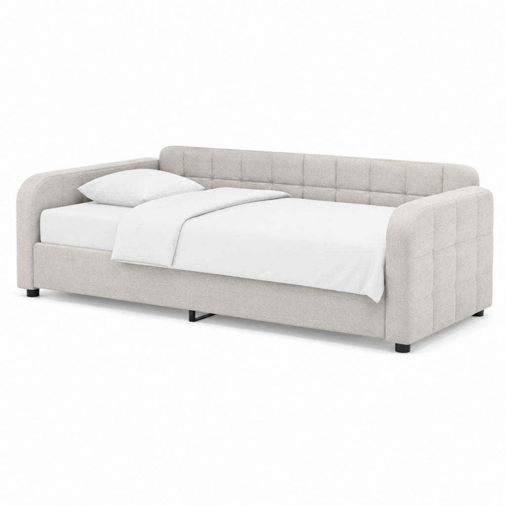 Lit banquette beige en polyester 90 x 200 cm avec cadre capitonné