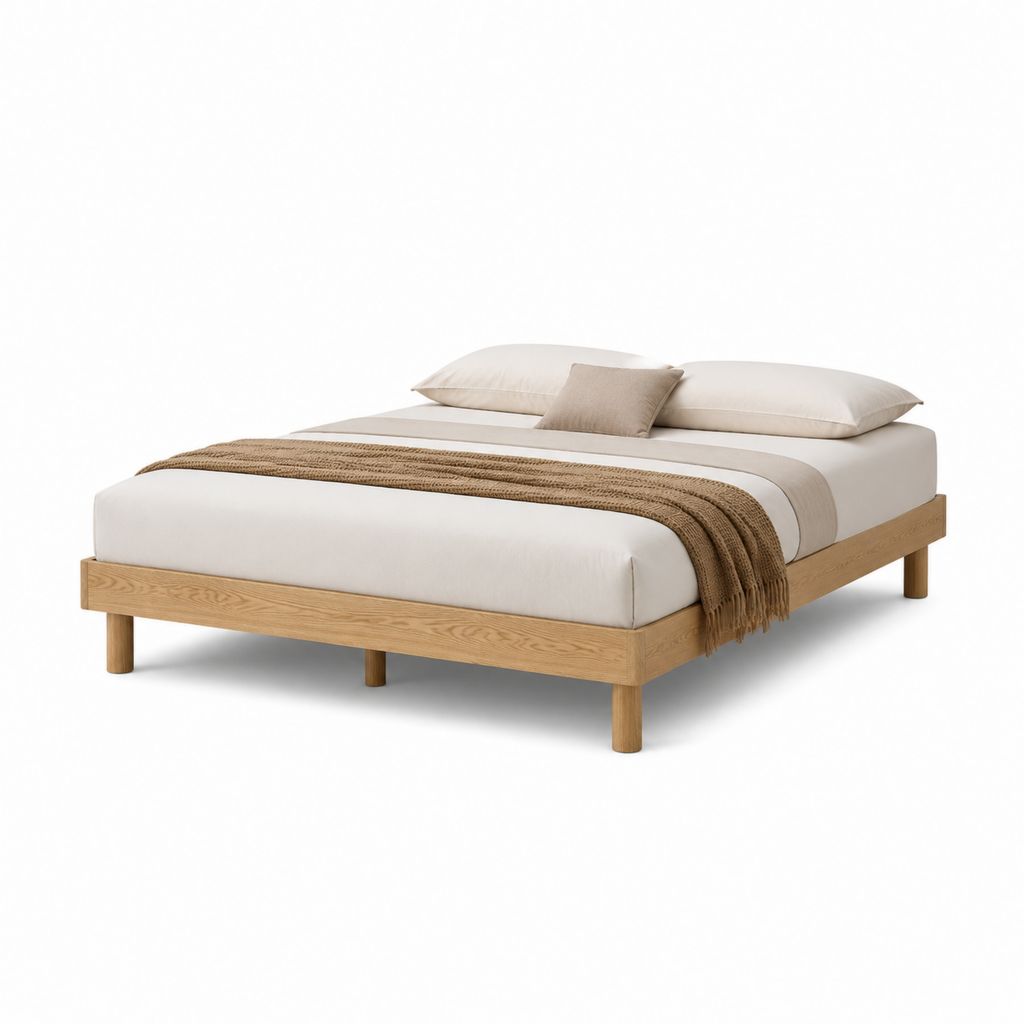 Lit plateforme double en chêne clair 160 x 200 cm avec cadre en bois