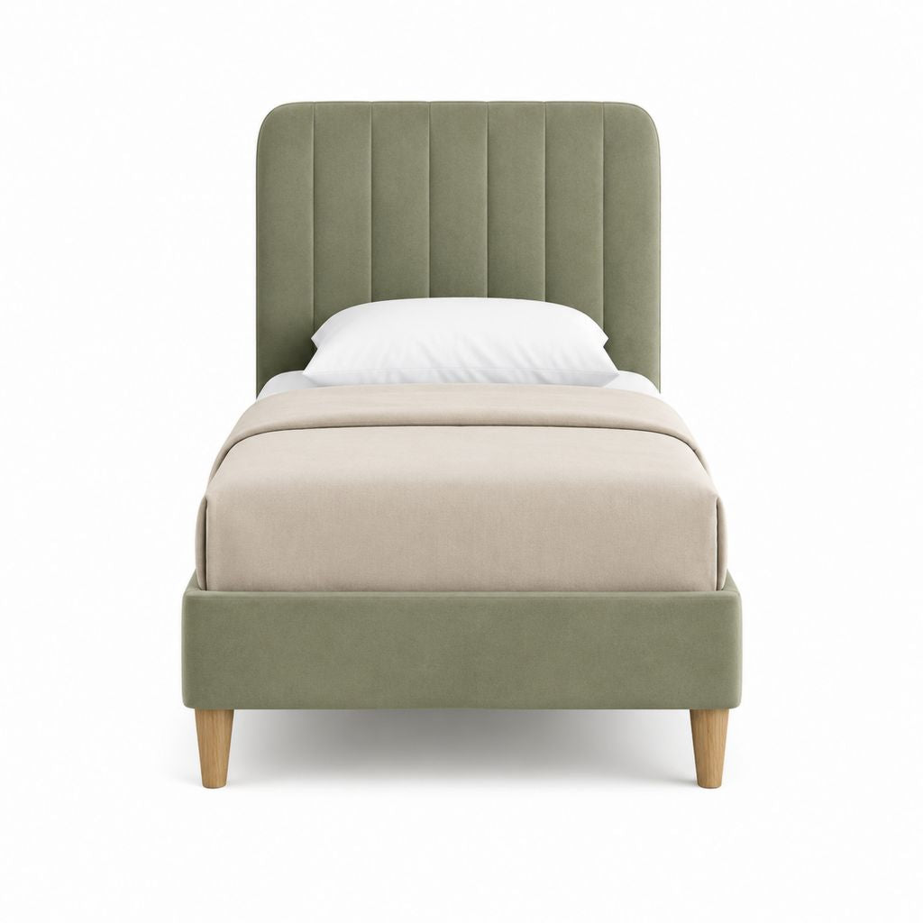 Lit simple capitonné vert en velours de polyester 90 x 190 cm avec cadre en bois et pieds en bois massif
