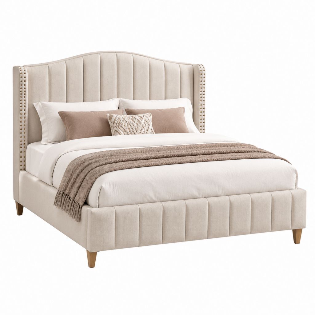 Cadre de lit capitonné beige en polyester 160 x 200 cm avec tête de lit haute