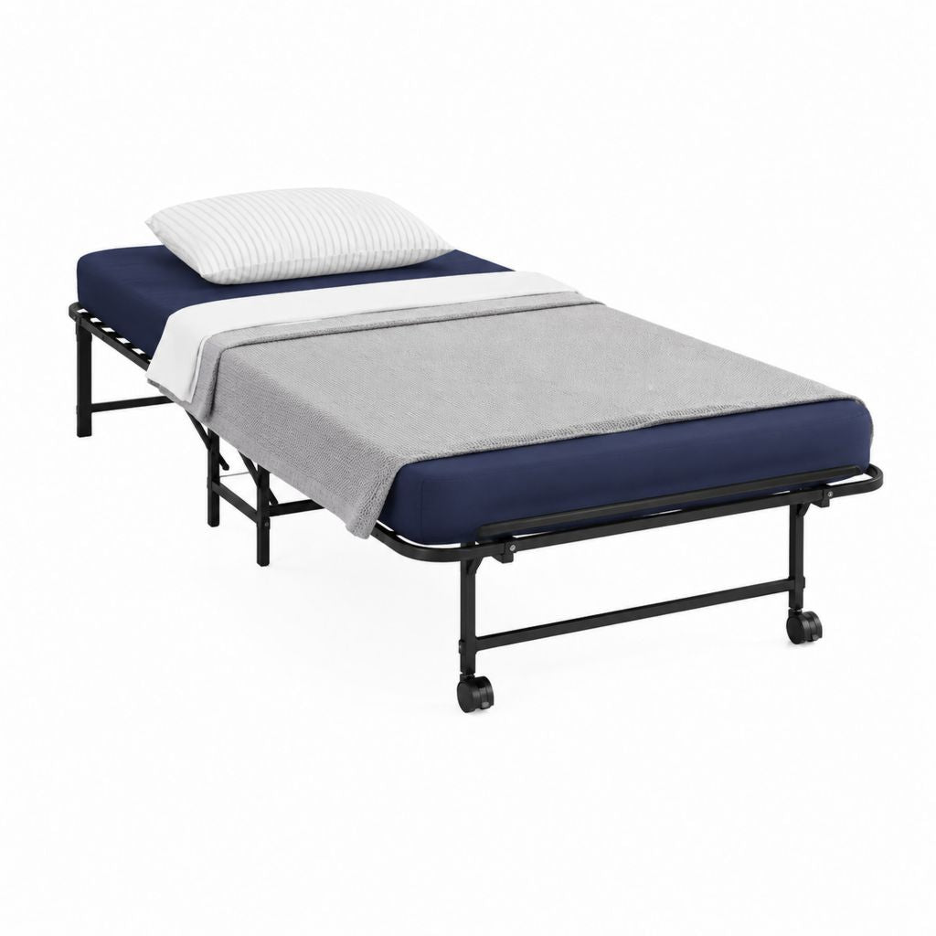 Lit pliant une place avec matelas bleu marine cadre en acier noir 80 x 190 cm
